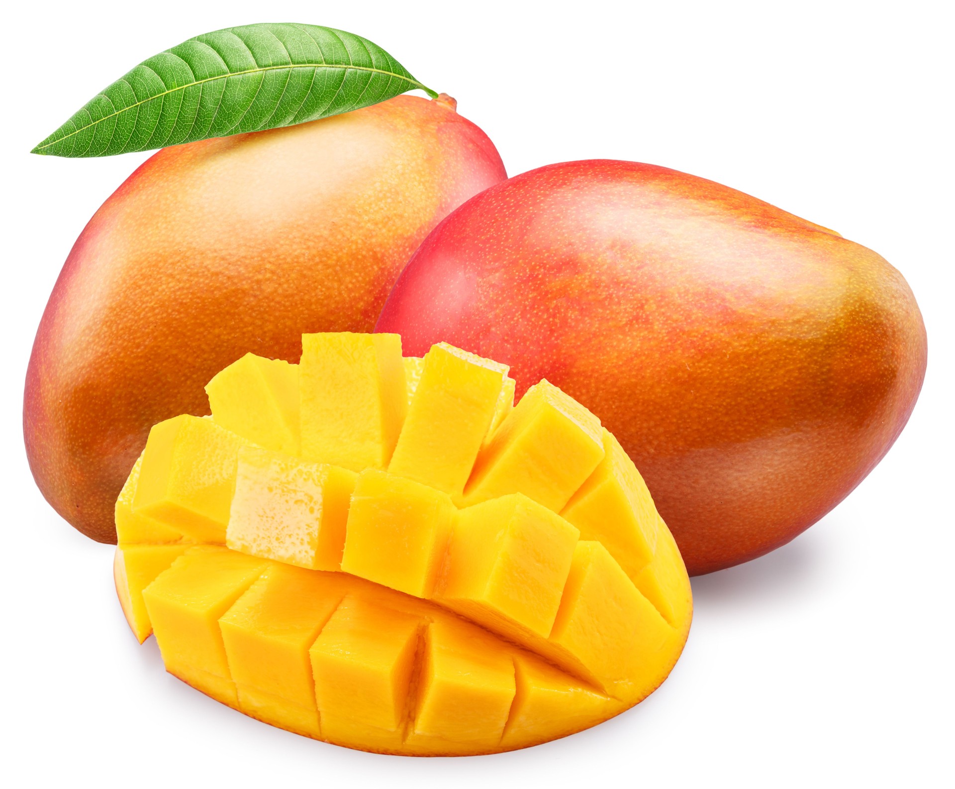 Ripe mango fruit and mango cut into hedgehog-shaped style on white background. File contains clipping path.